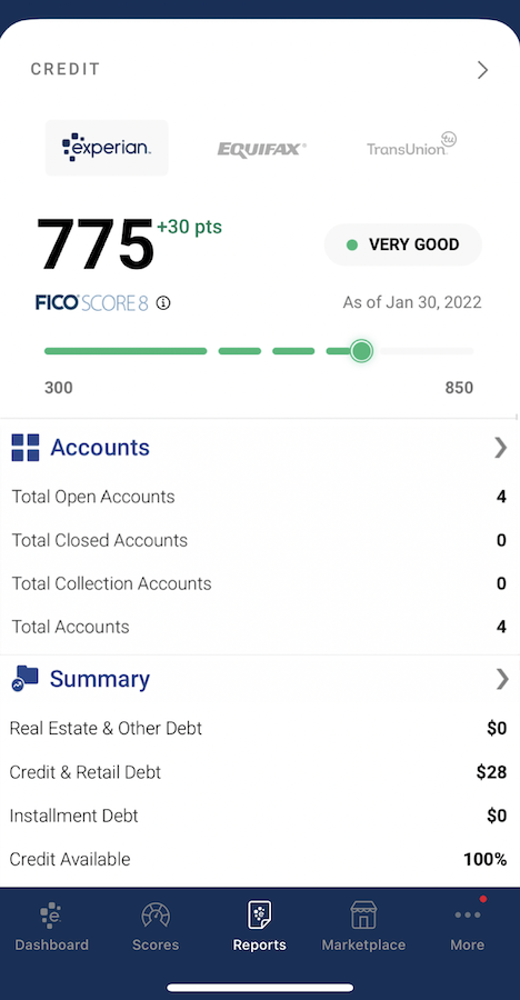 An Experian report showing a mortgage tradeline for sale is not needed for a 760+ score